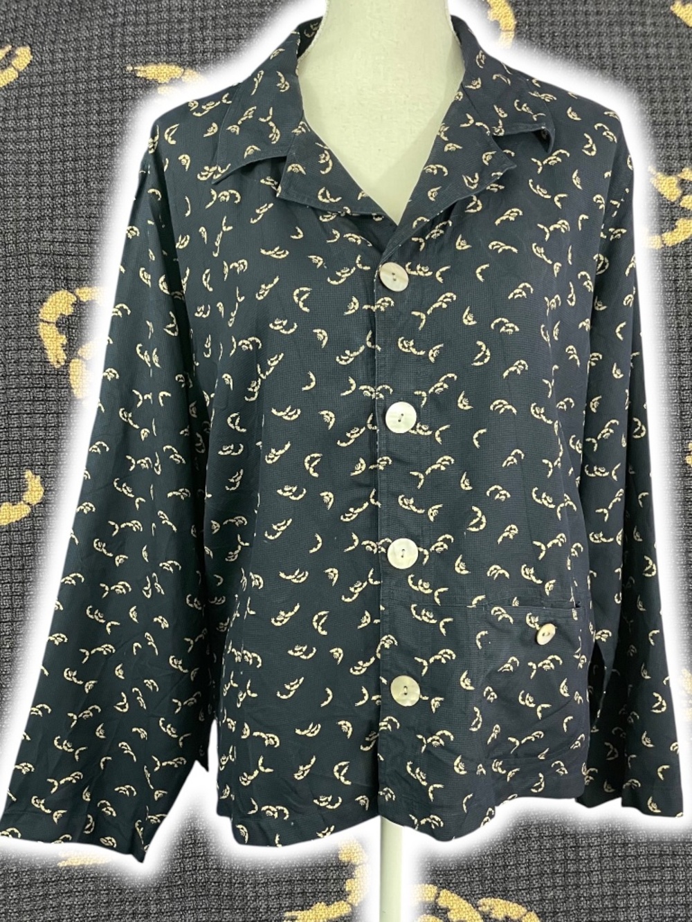 Chicos 100% Silk Jacket XL Navy Cream Collared Button-up Crab Legs Nautical Blue
